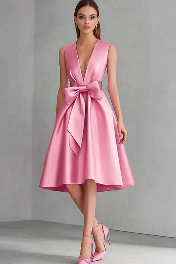 Pink V-Neck Satin Midi Formal Dress with Bow